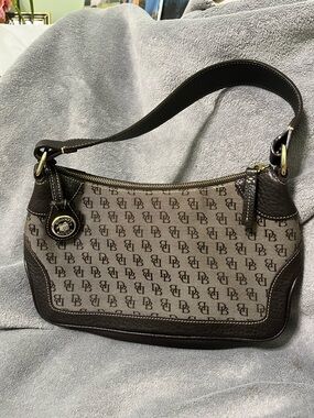 Dooney & Bourke Brown Logo Canvas Shoulder Bag with Dark Brown Trim